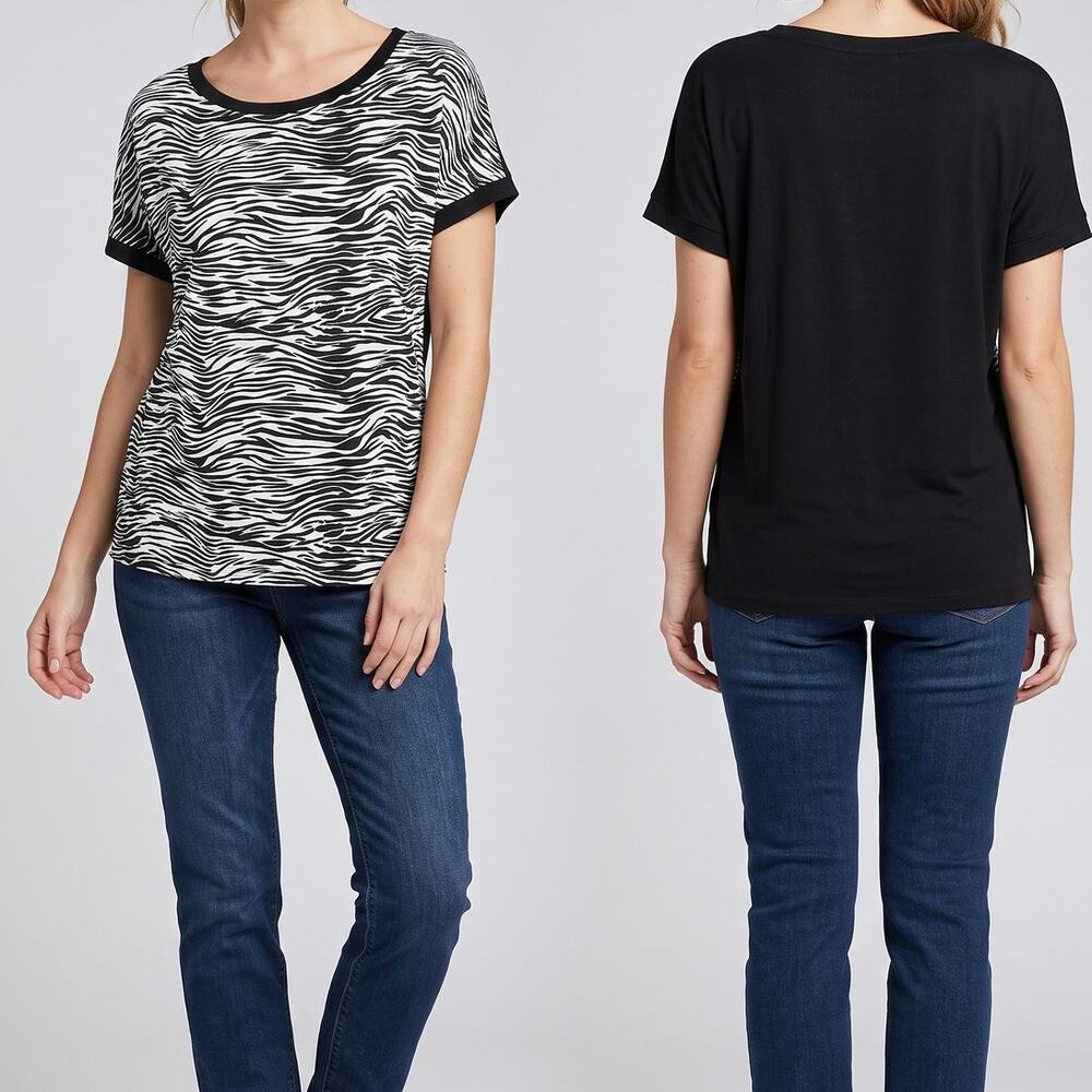 Ellen Tracy Large Top Black Short Sleeve Round Neck Rayon Polyester Blend